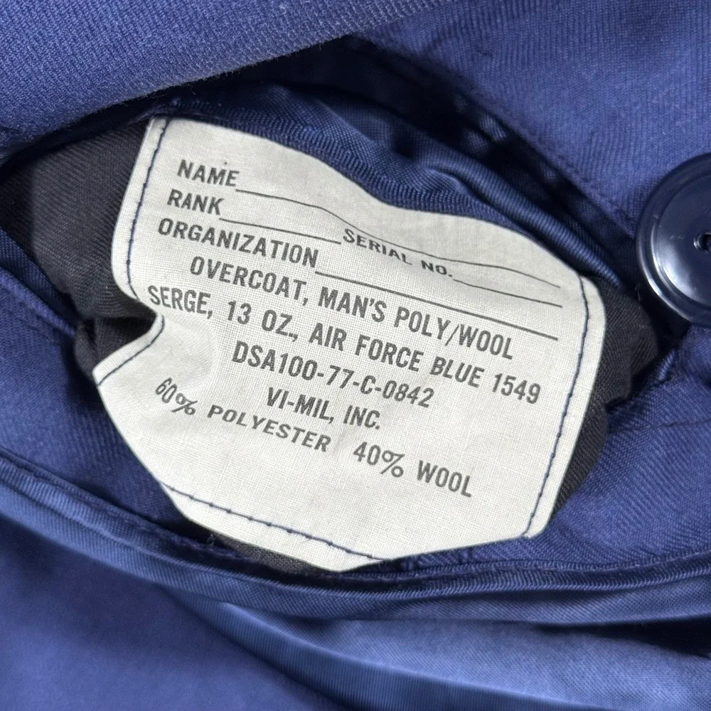 VTG US Air Force Style Wool Navy Blue Double Breasted Overcoat Crest Buttons 39R